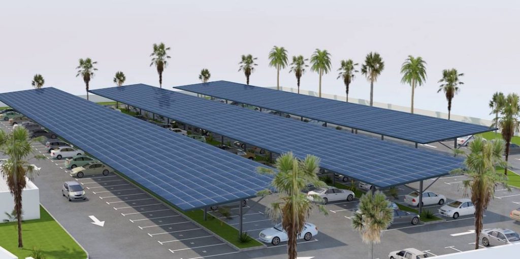 Ombrière photovoltaïque 3D en vue d'ensemble