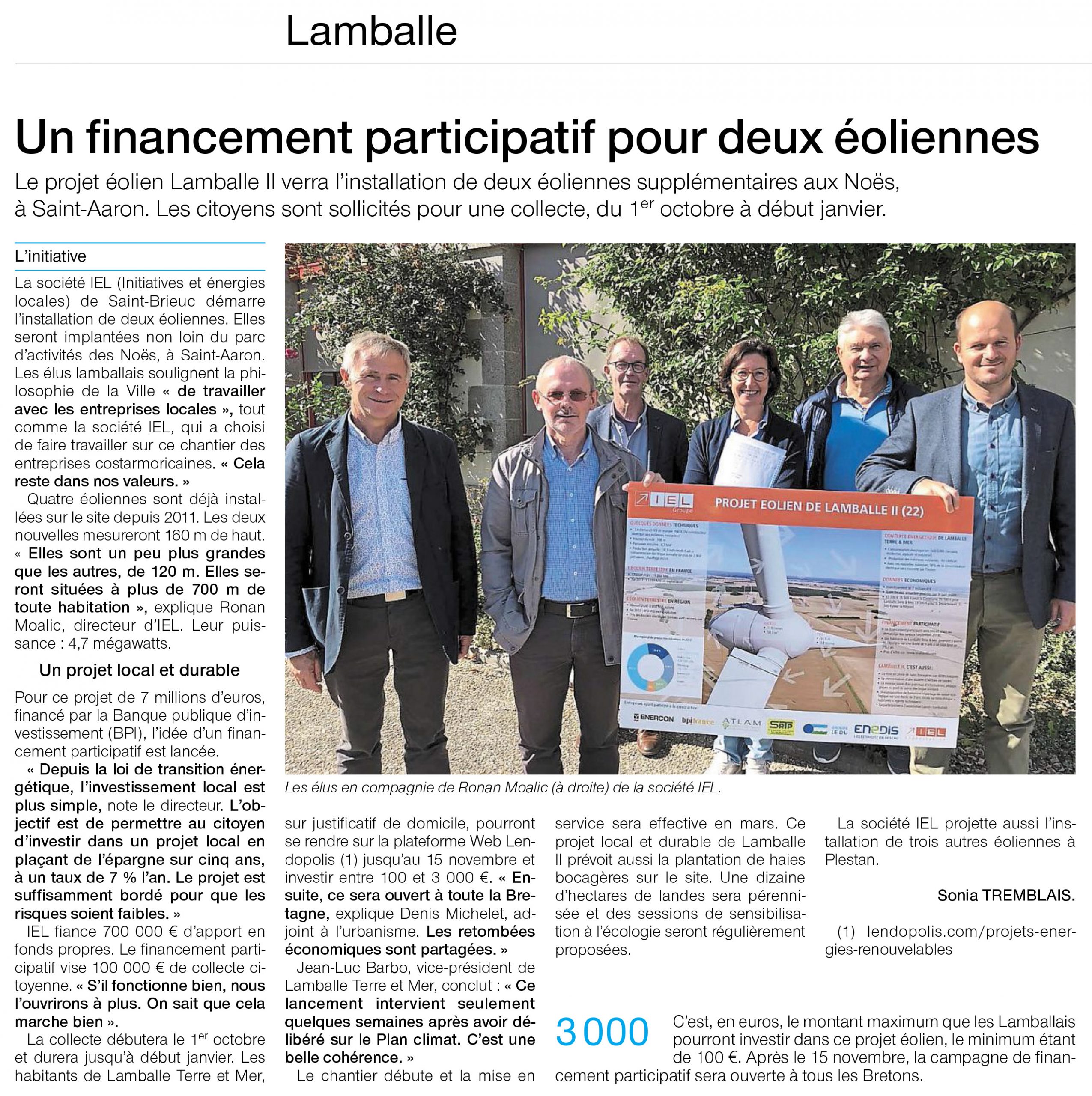 article de presse sur l'investissement participatif pour un projet éolien mené à Lamballe par IEL